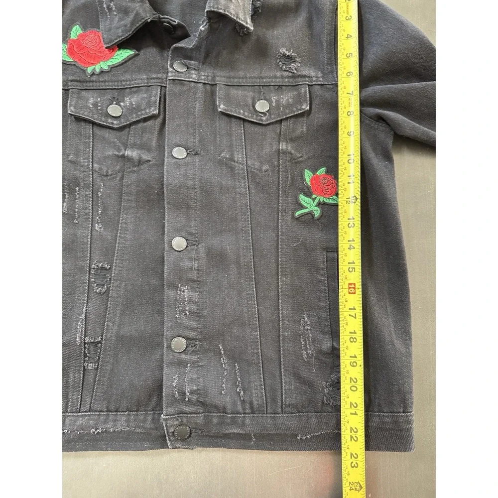CI SONO Distressed Denim Black Trucker Jean Jacket‎ Embroidered Floral Rose S